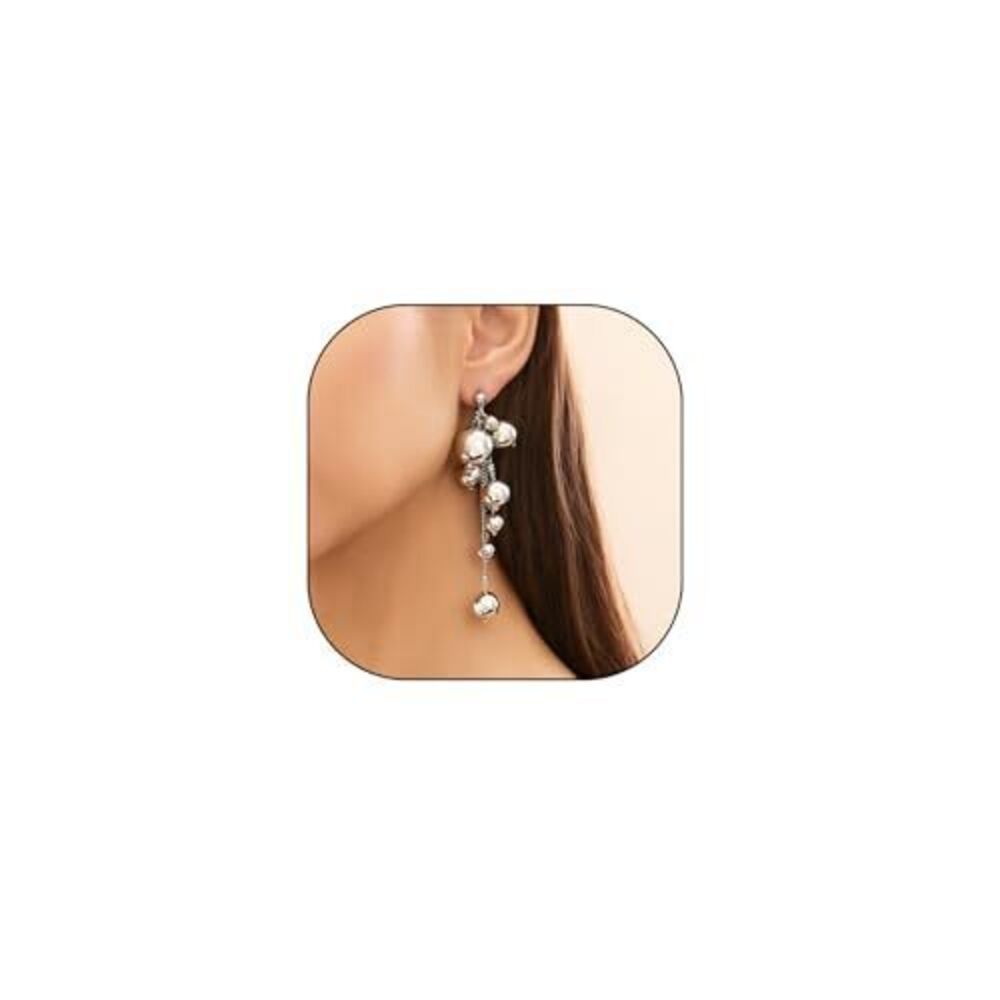 9361 Pearl Tassel Chain Statement Earrings Boho Long Pearl Ball Drop